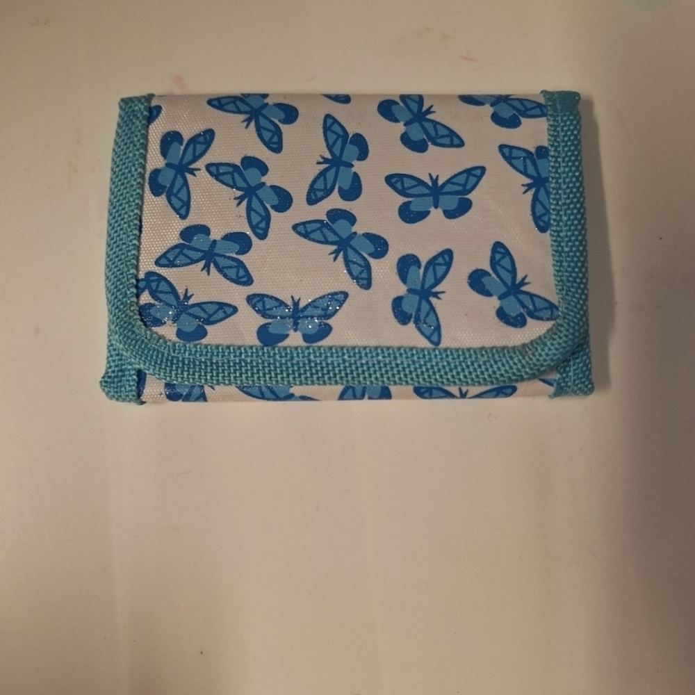 Women's Trifold Wallet Blue Butterfly Print Hook and Latch